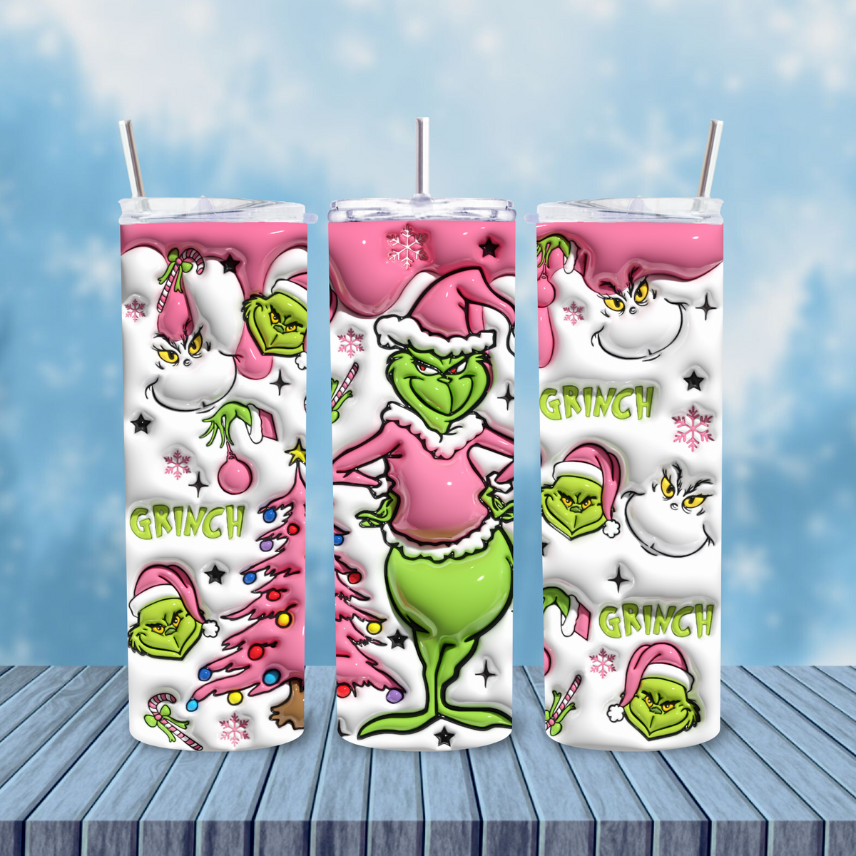 Grinch 3D Puff  20oz Skinny tumbler